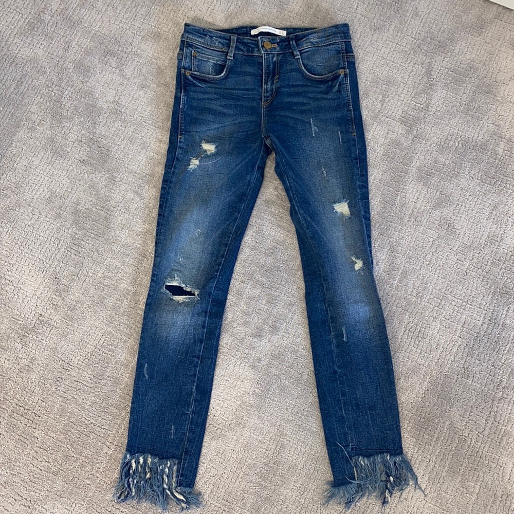 Zara Trafaluc Light Wash Denim High Waist Distressed Jeans